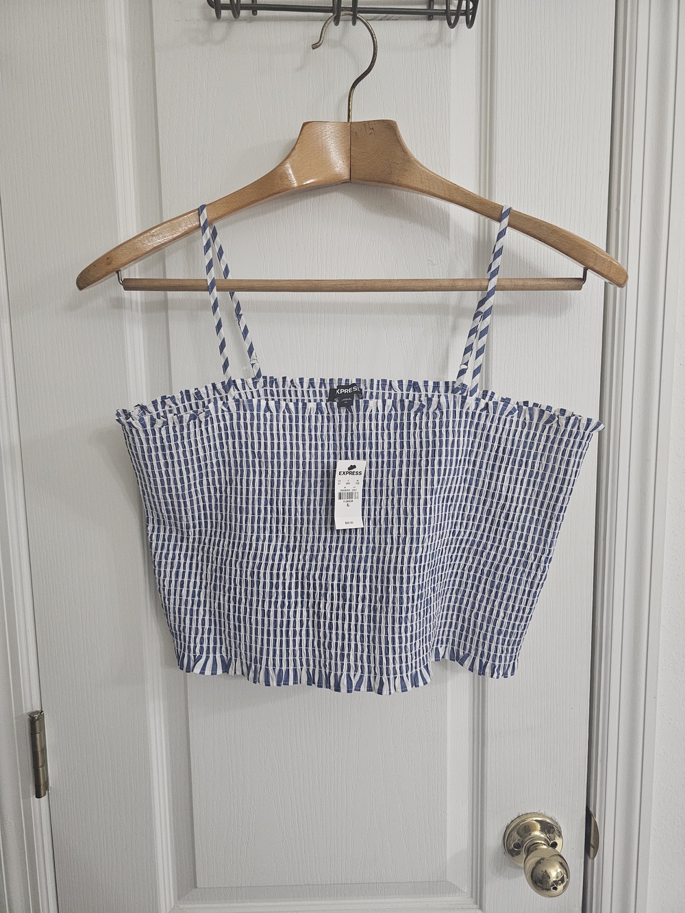Express Blue & White Striped Smocked Crop Cami